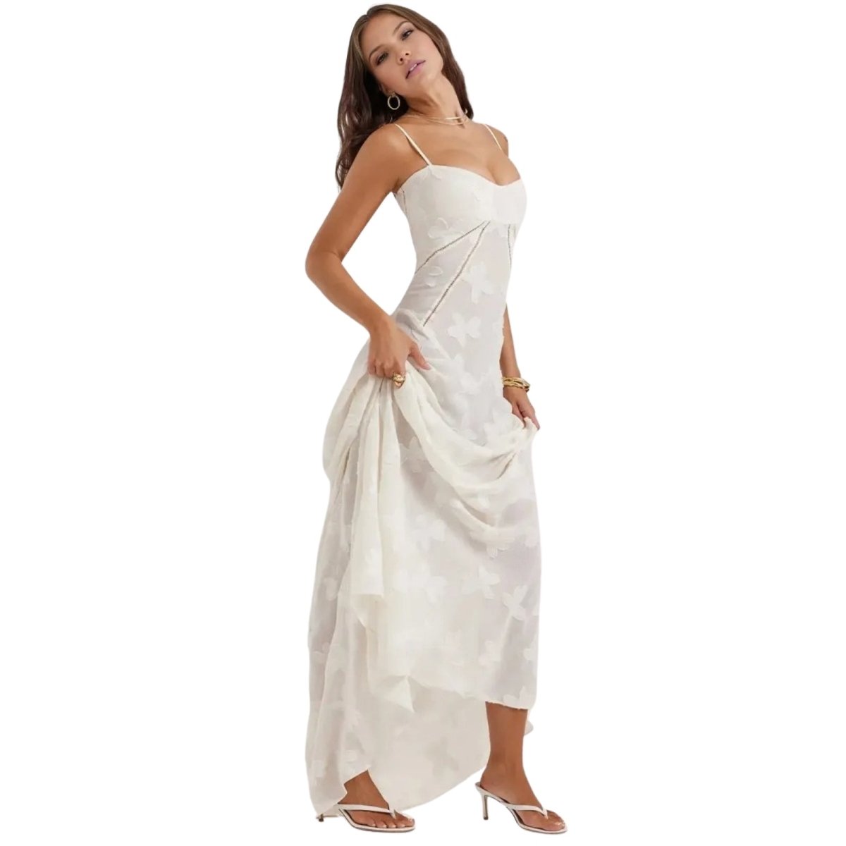 Women's white floral maxi dress with spaghetti straps