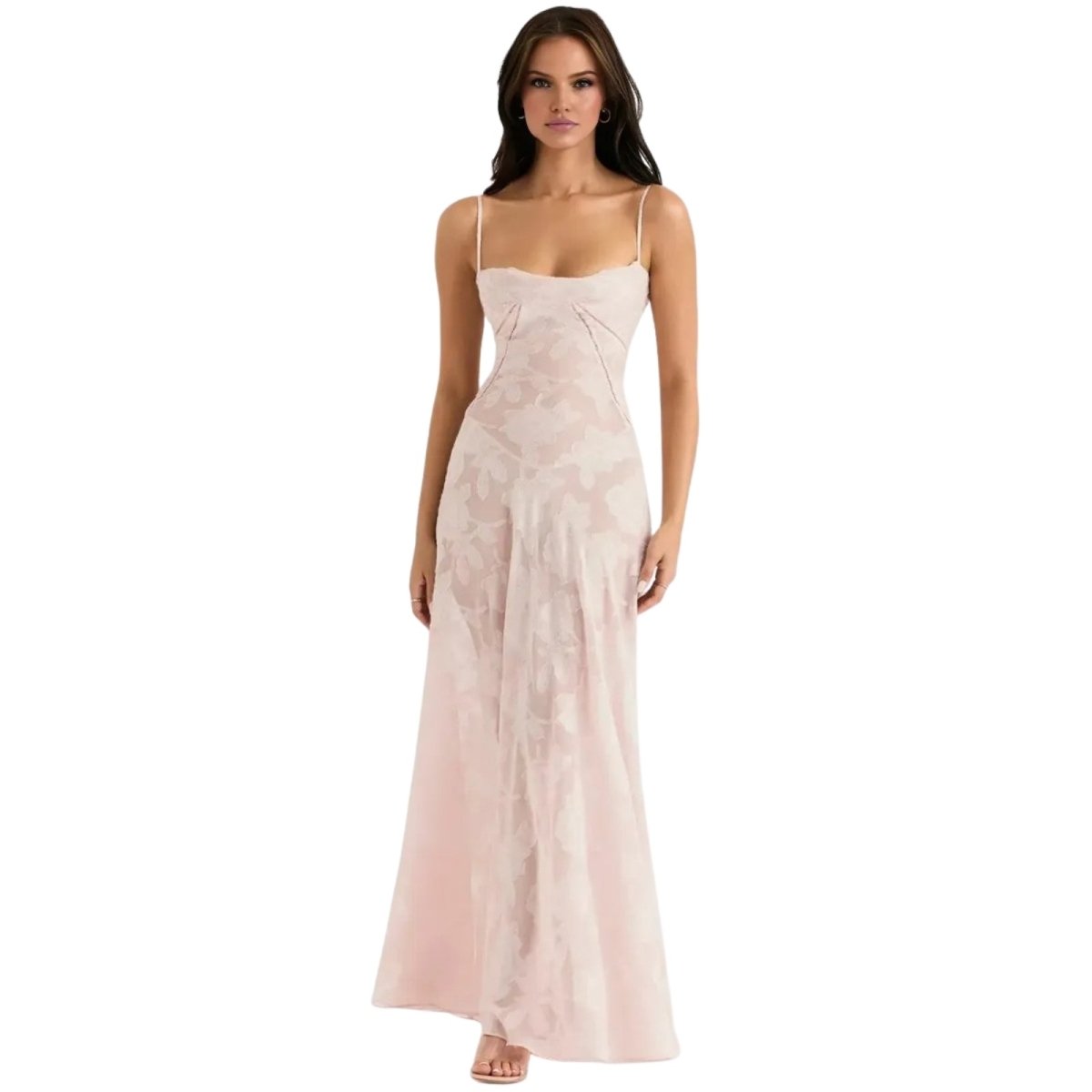 Women's pink floral maxi dress with spaghetti straps