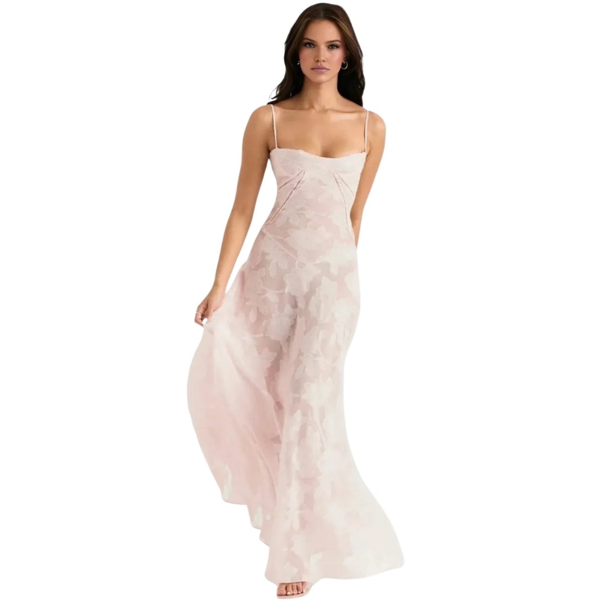 Women's pink floral maxi dress with spaghetti straps