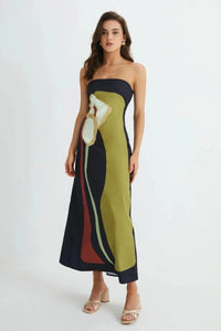 Women's Floral Maxi Dress Strapless Abstract Print