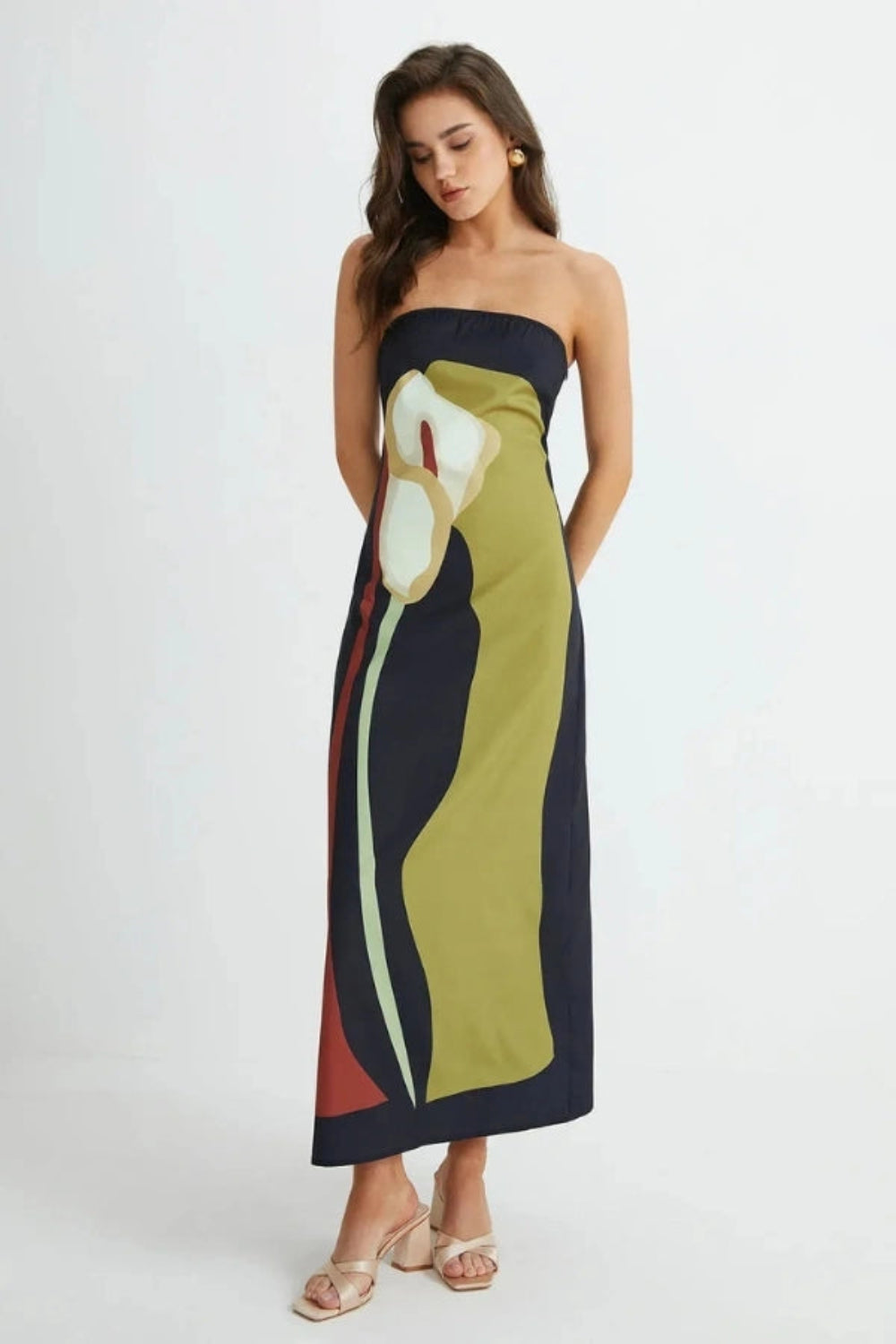 women's strapless floral maxi dress with an abstract print