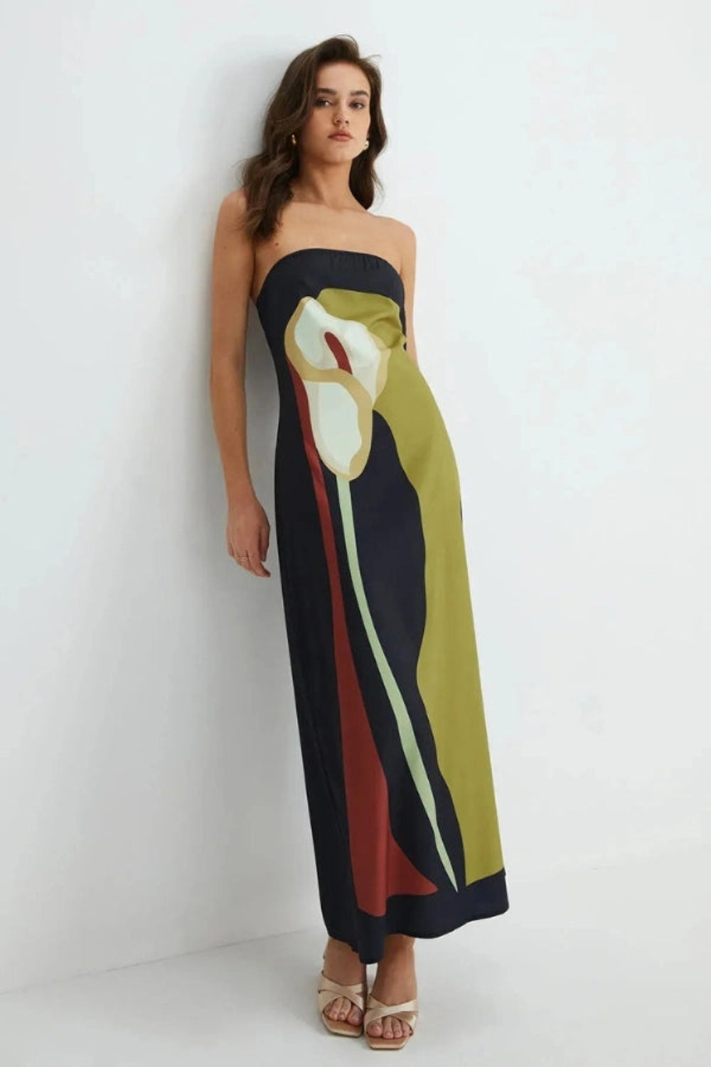 women's strapless floral maxi dress with an abstract print