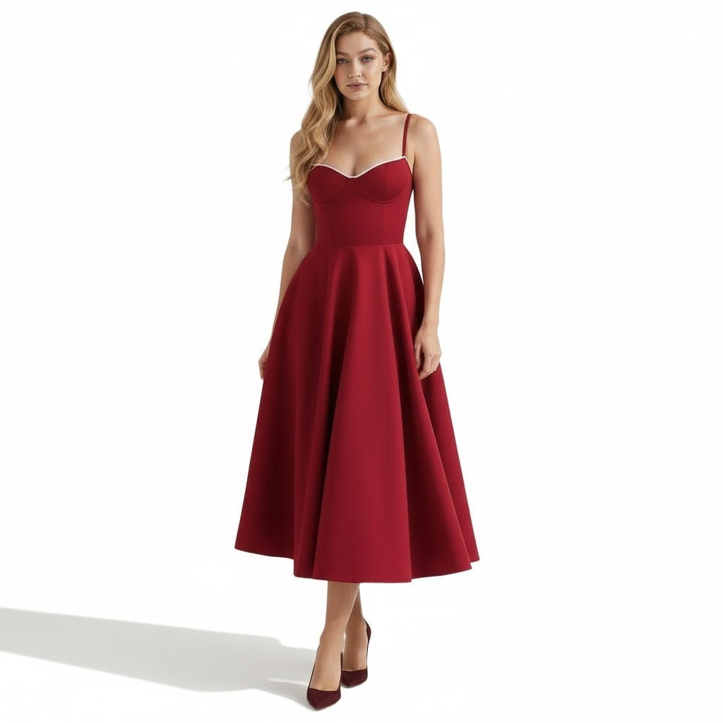 Women's white satin midi dress with a tulle skirt and round neck