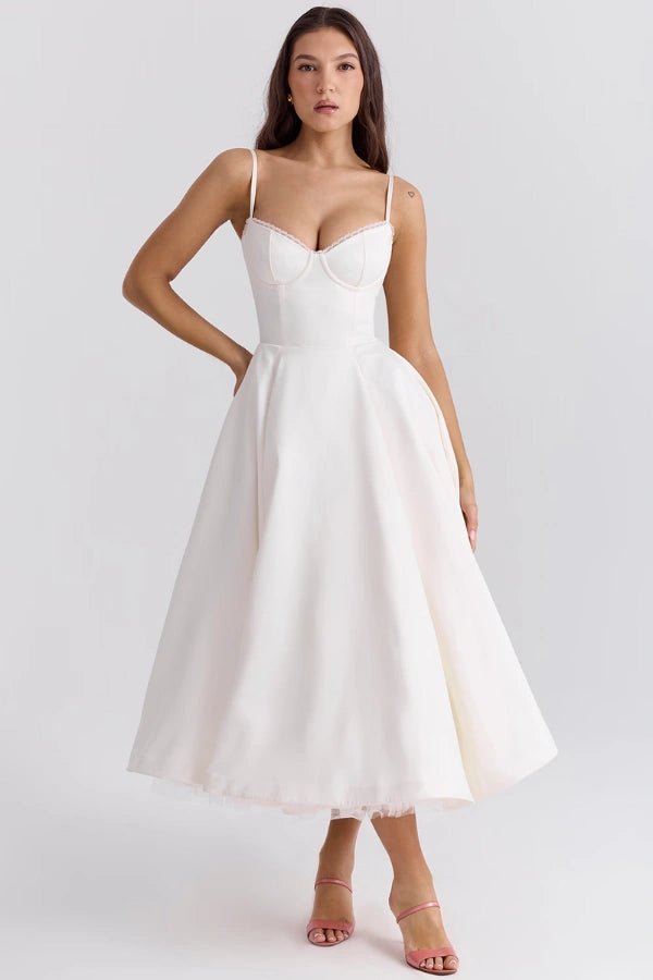 Women's white satin midi dress with a tulle skirt and round neck