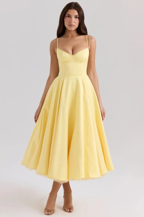 Women's white satin midi dress with a tulle skirt and round neck