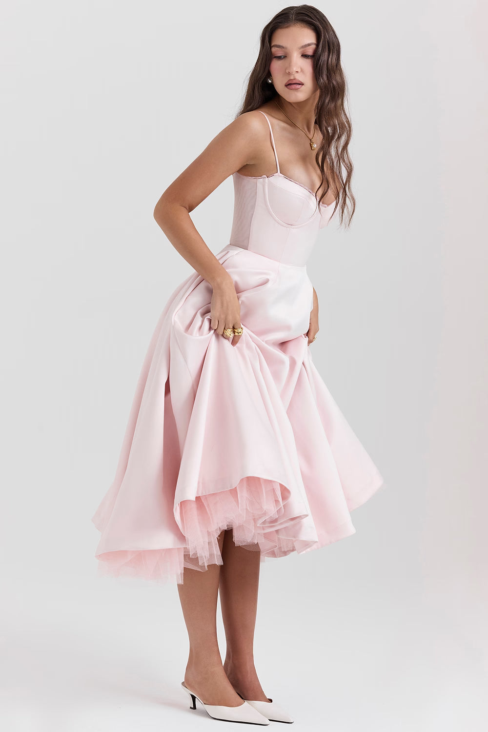 Women's pink satin midi dress with a tulle skirt and round neck