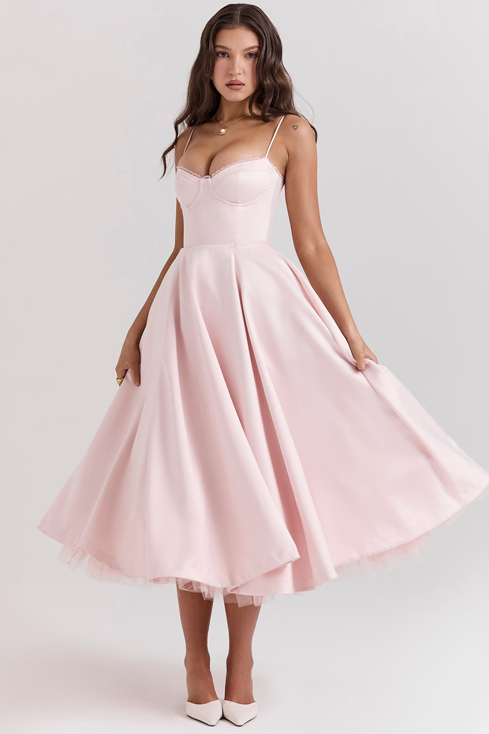 Women's black satin midi dress with a tulle skirt and round neck