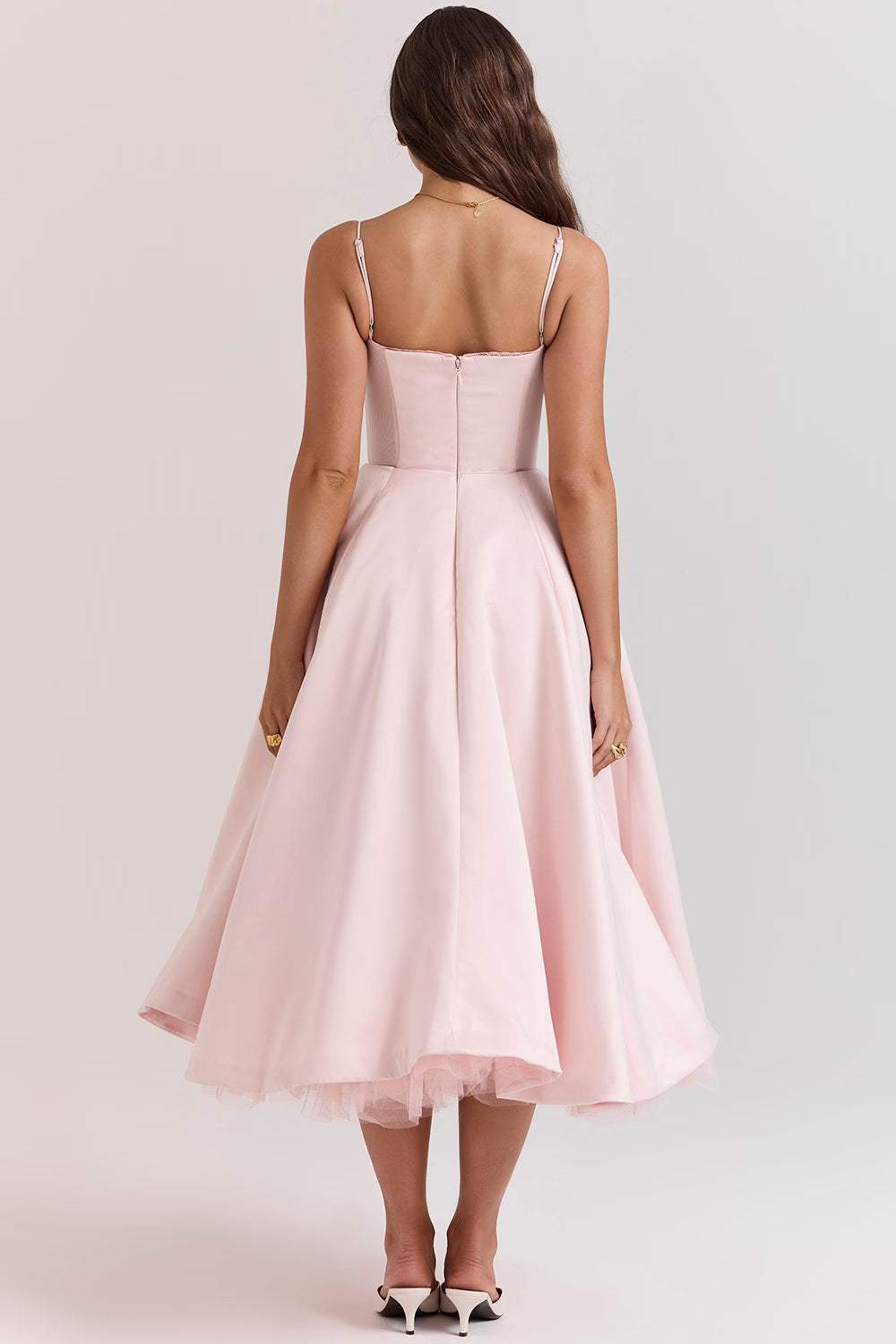 Women's black satin midi dress with a tulle skirt and round neck
