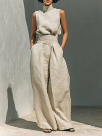 Women's Cotton Linen Co-Ord Set with High Neck Top and Wide Trousers