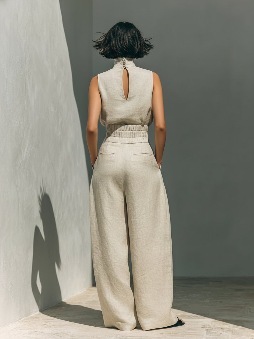 Women's khaki cotton linen co-ord set with high neck top and wide trousers
