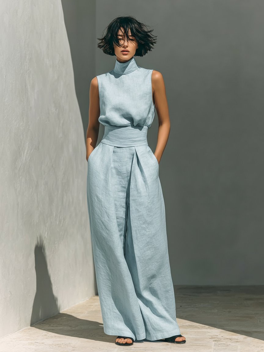 Women's khaki cotton linen co-ord set with high neck top and wide trousers
