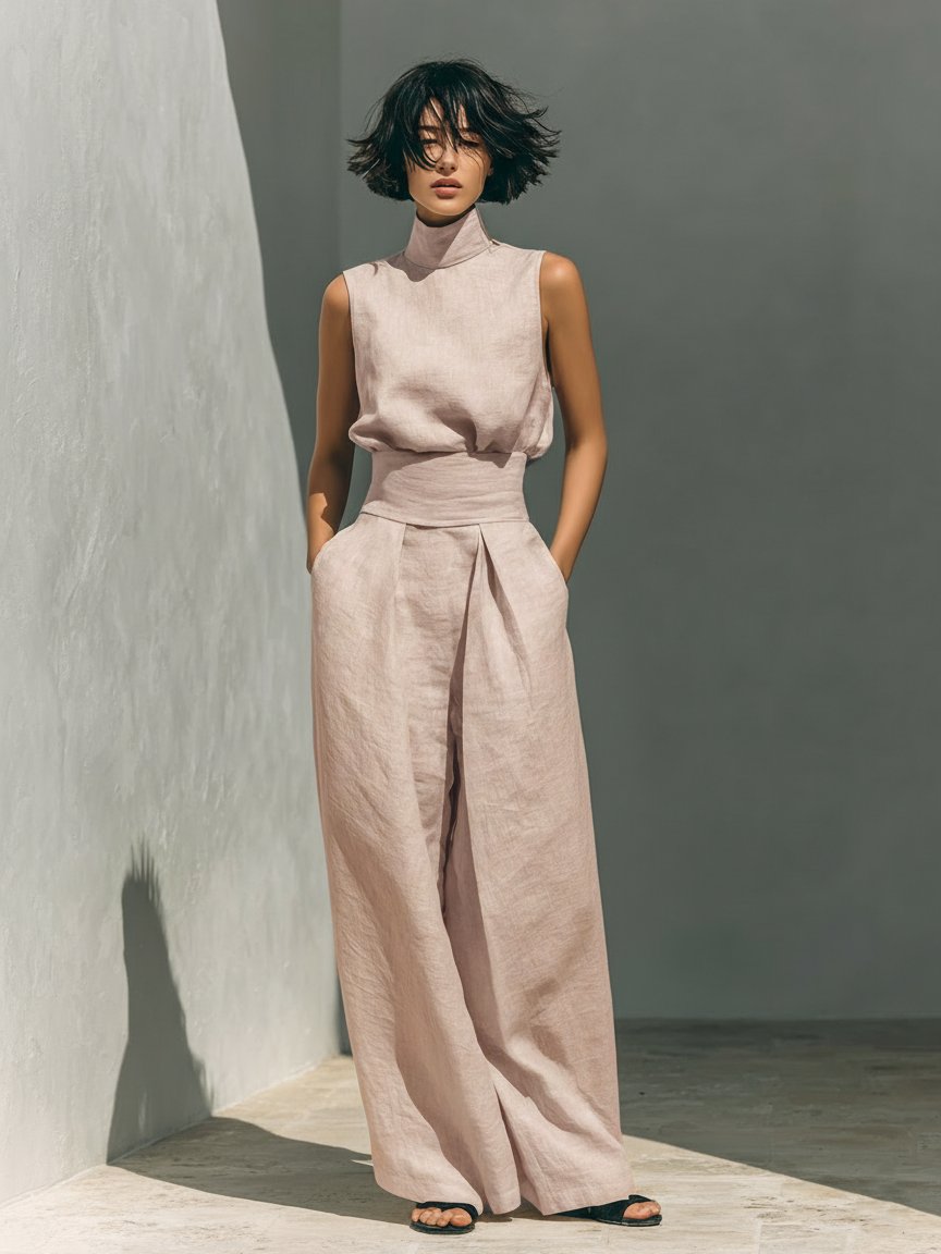 Women's khaki cotton linen co-ord set with high neck top and wide trousers