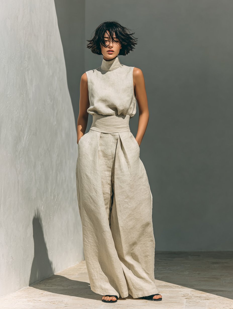 Women's army green cotton linen co-ord set with high neck top and wide trousers