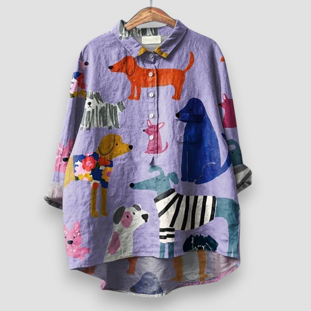 Women's white dog print shirt with long sleeves and button front