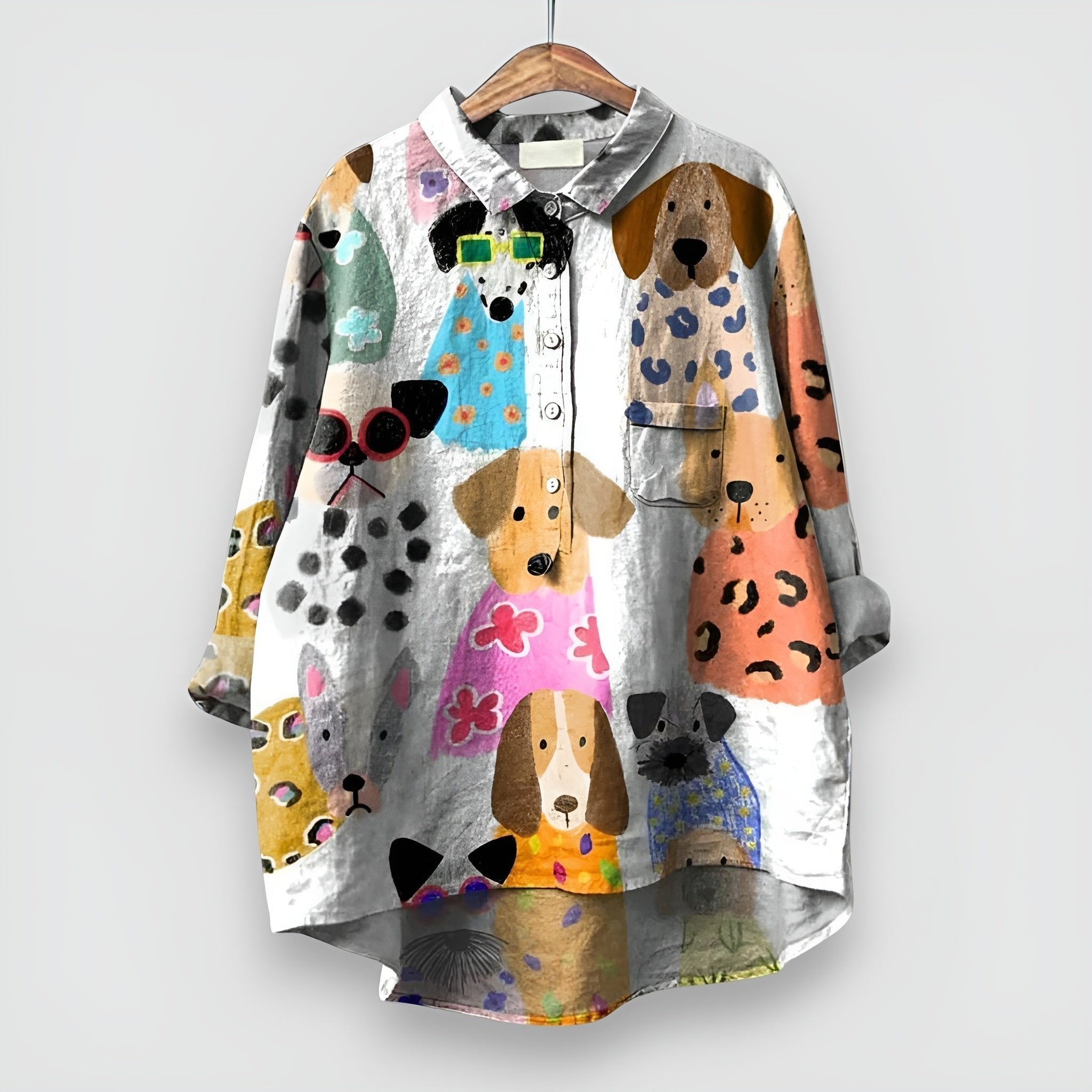 Women's white dog print shirt with long sleeves and button front