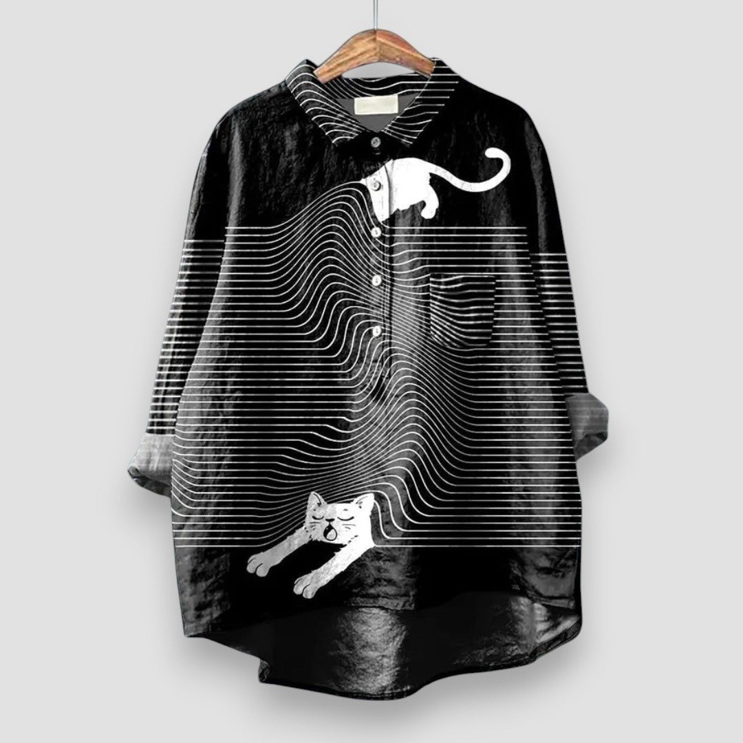 Women's white dog print shirt with long sleeves and button front