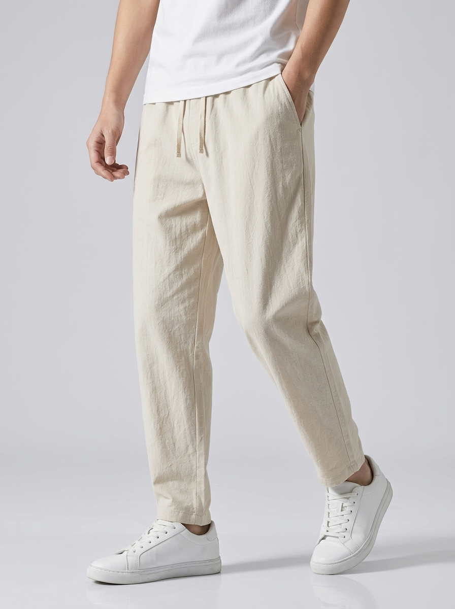 Men's light brown relaxed-fit linen trousers with drawstring