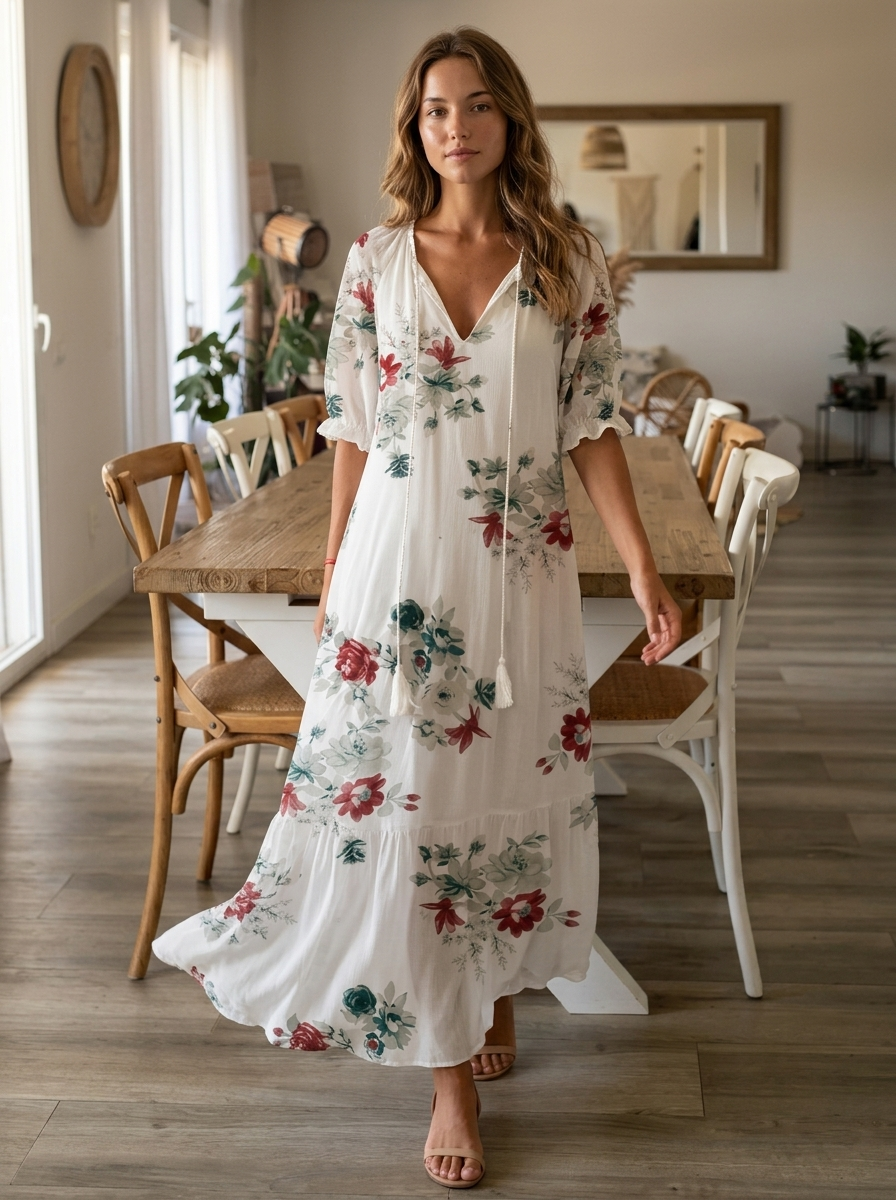 Women's white floral maxi dress with short sleeves