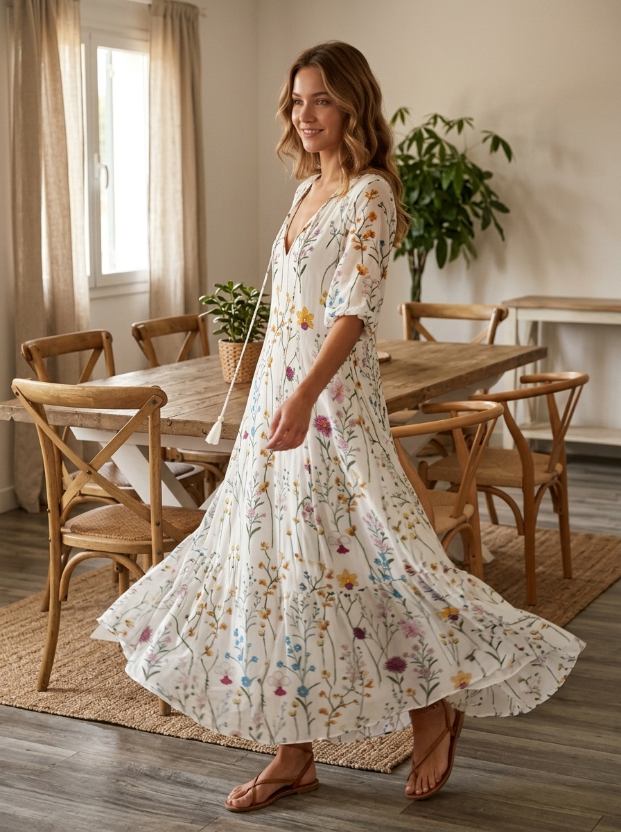 Women's white floral maxi dress with short sleeves