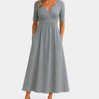 Women's V-Neck Empire-Waist Flared Midi Dress with Pockets