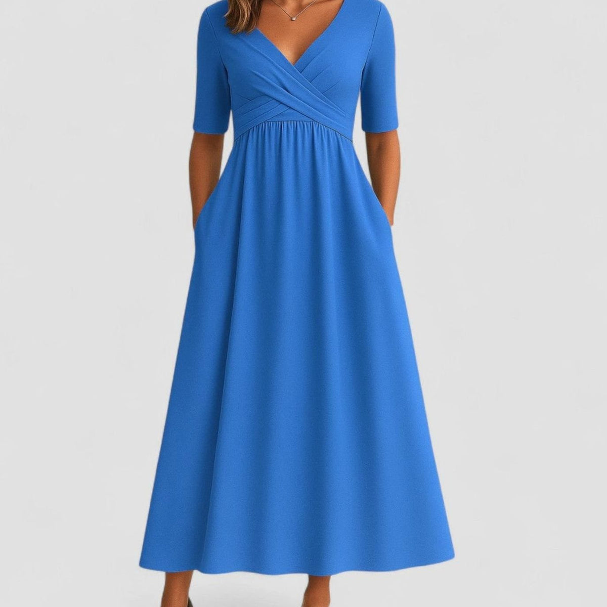 Emily | Women's V-Neck Empire-Waist Flared Midi Dress Pockets 3
