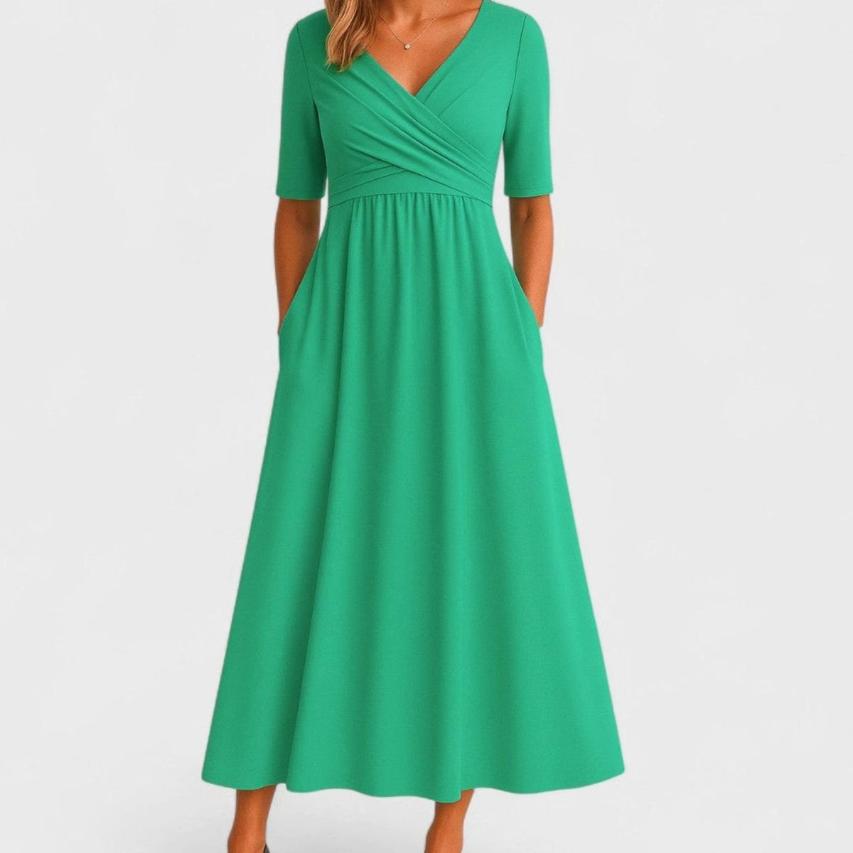 Emily | Women's V-Neck Empire-Waist Flared Midi Dress Pockets 4