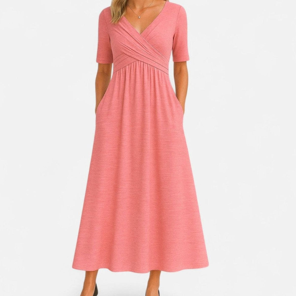 Emily | Women's V-Neck Empire-Waist Flared Midi Dress Pockets 6