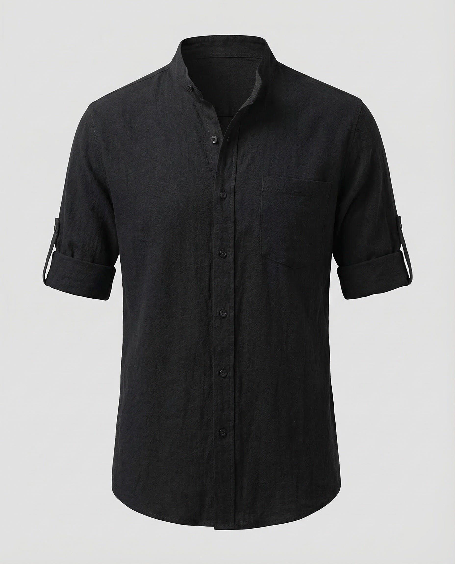 Ethan | Mens White Linen Shirt Stand-Up Collar 0