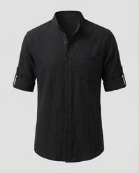 Mens White Linen Shirt Stand-Up Collar