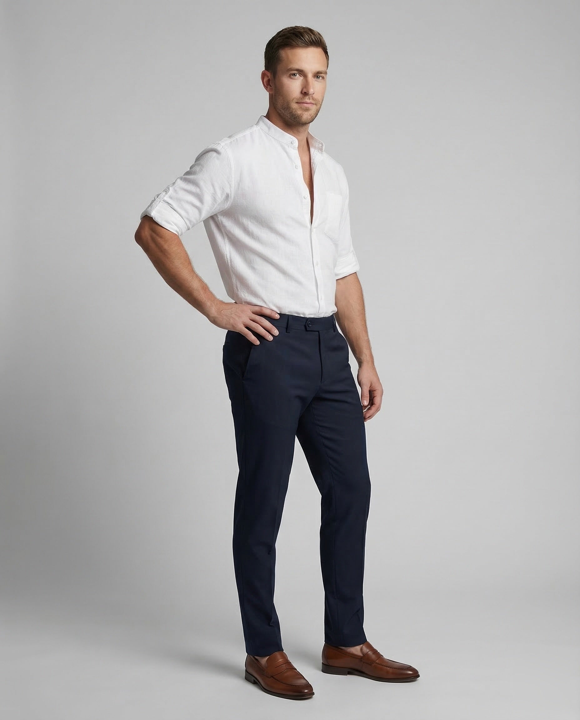 Ethan | Mens White Linen Shirt Stand-Up Collar 1