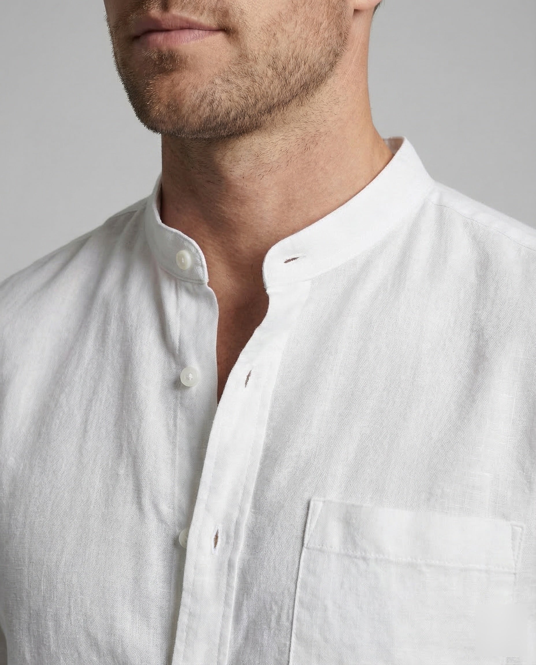 Ethan | Mens White Linen Shirt Stand-Up Collar 3