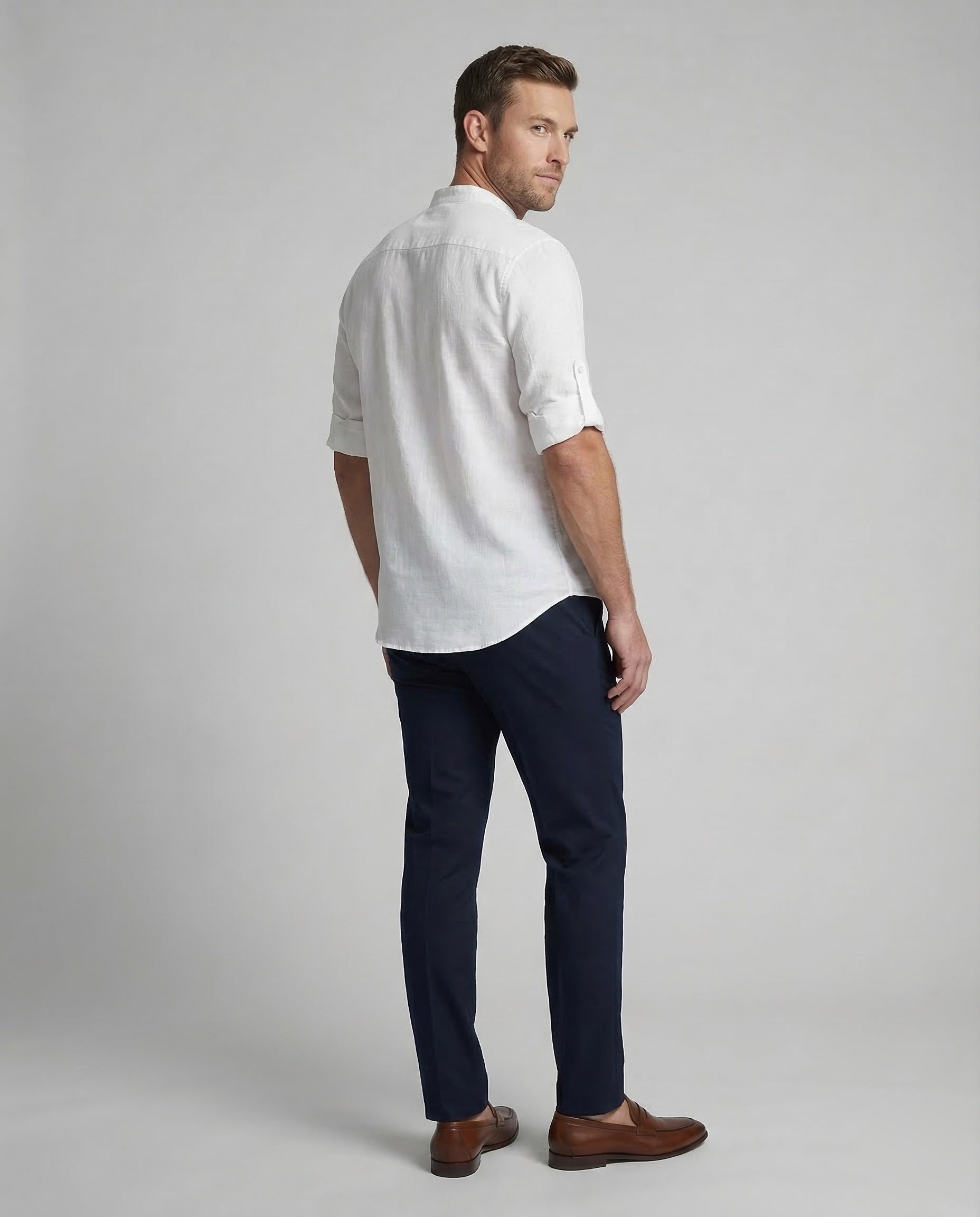 Ethan | Mens White Linen Shirt Stand-Up Collar 4