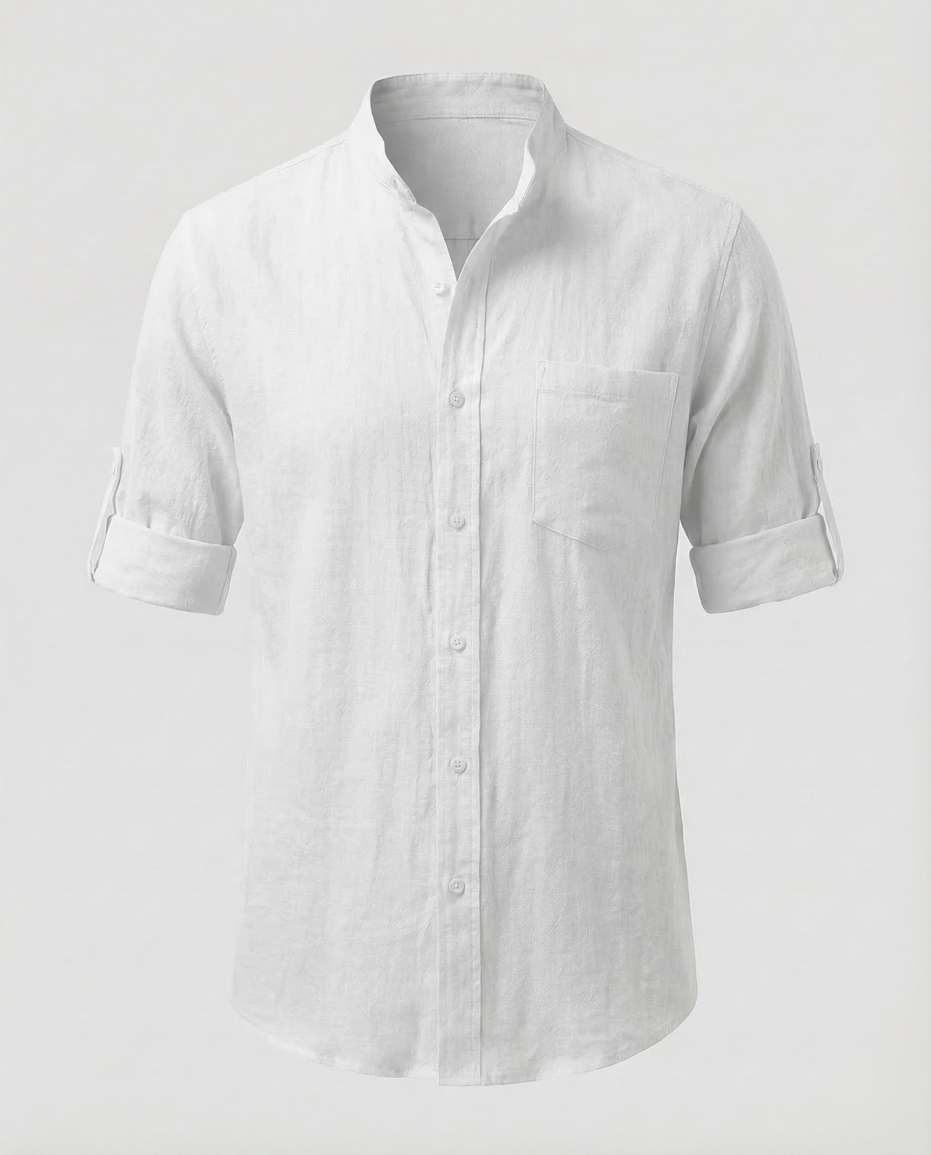 Ethan | Mens White Linen Shirt Stand-Up Collar 6