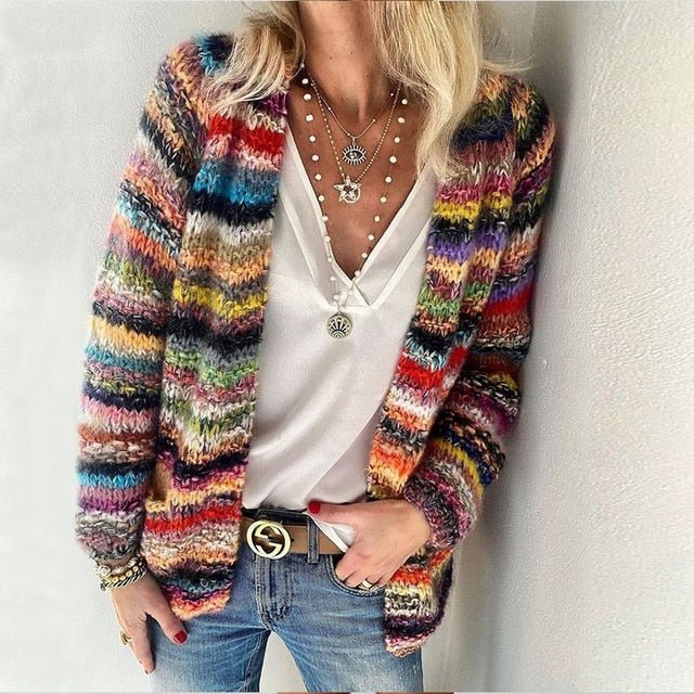 Women's red multicolour striped open-front knitted cardigan