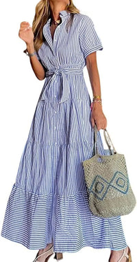 Women's Striped Maxi Dress with Tiered Hem and Tie Waist