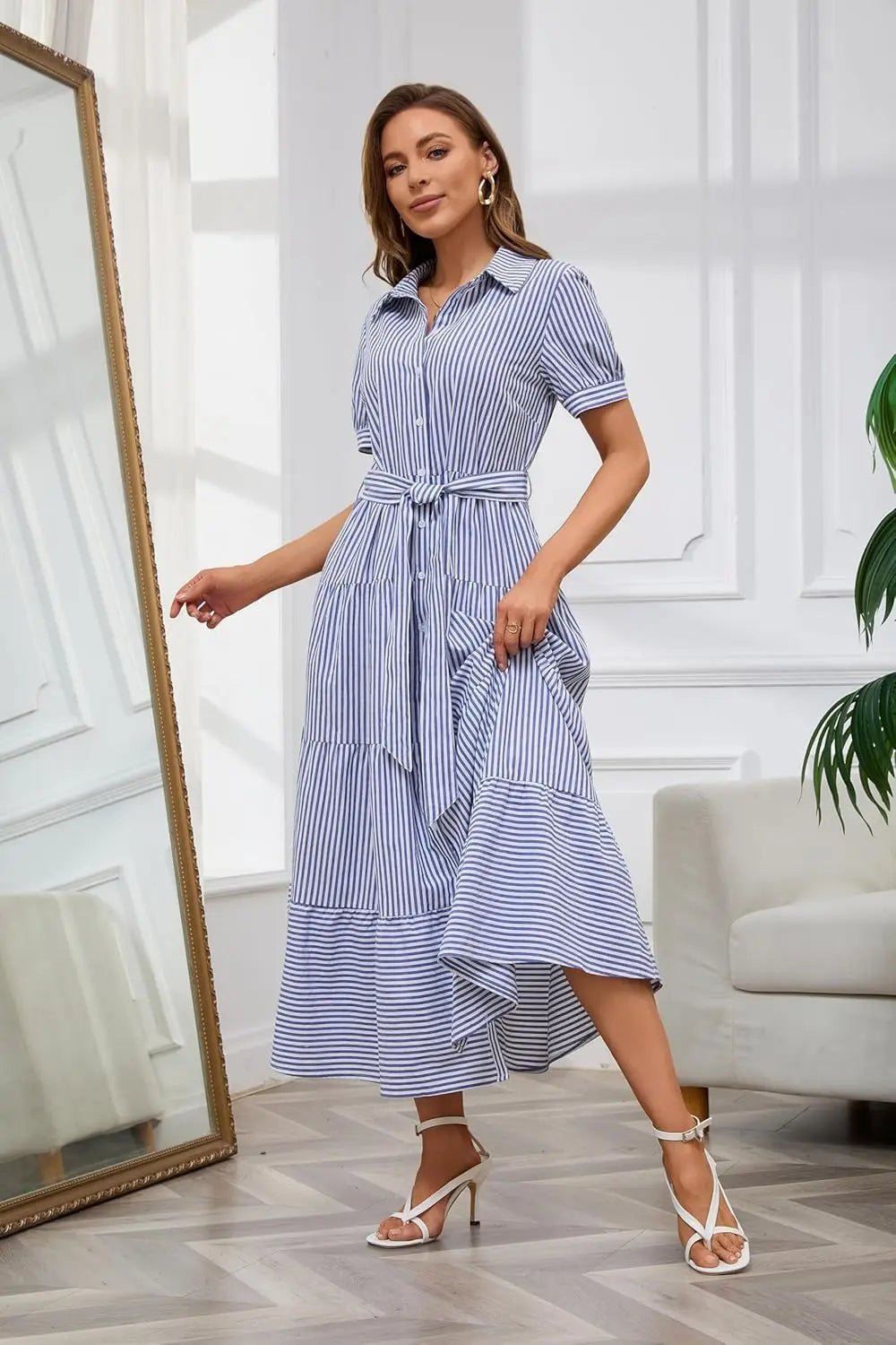 Women's blue striped maxi dress with tiered hem and tie waist