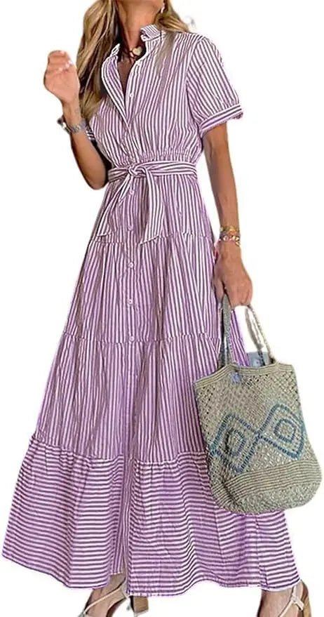 Women's red striped maxi dress with tiered hem and tie waist