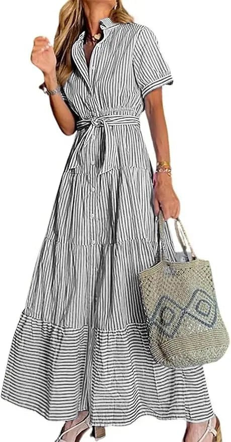 Women's red striped maxi dress with tiered hem and tie waist