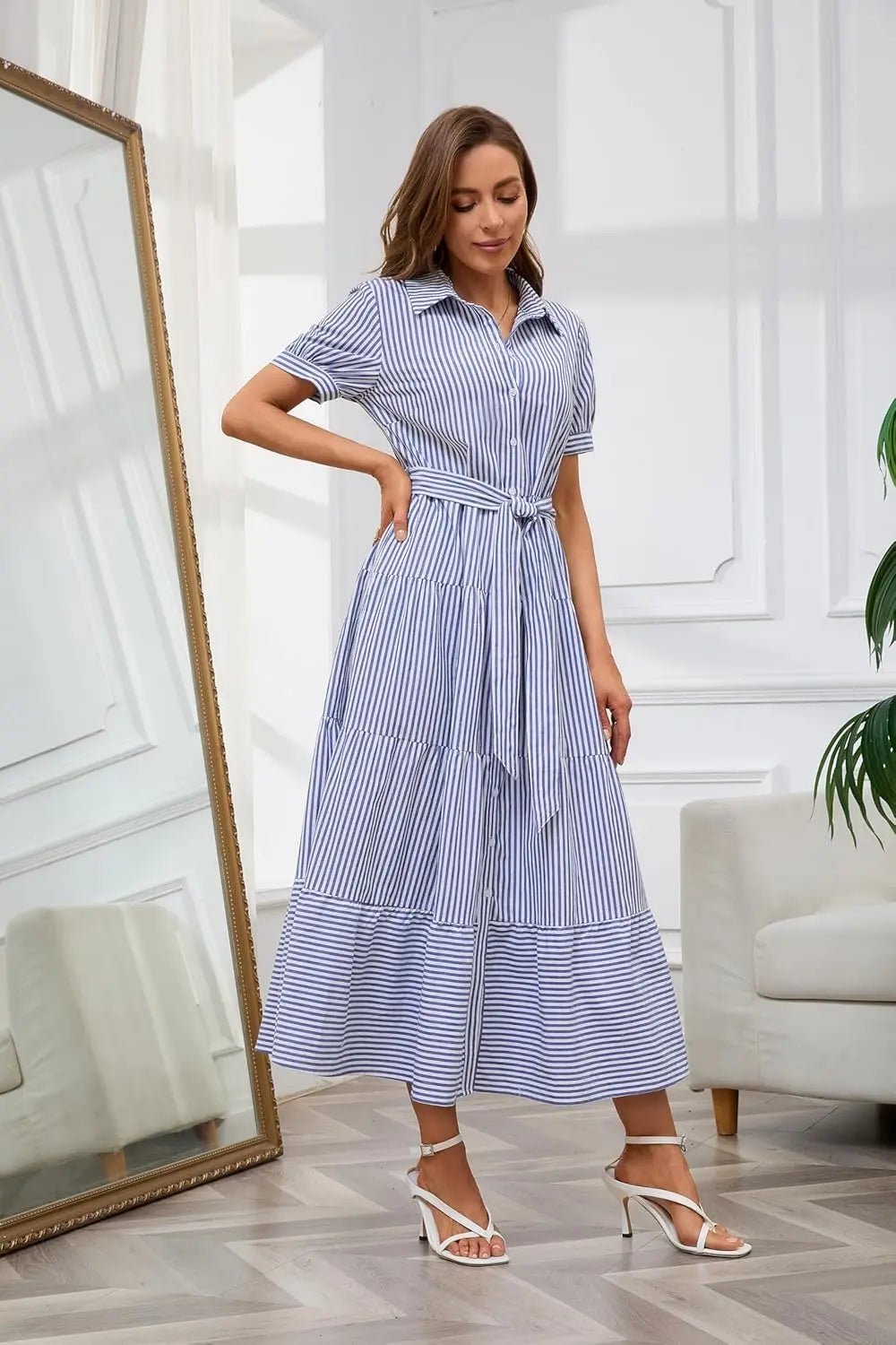 Women's blue striped maxi dress with tiered hem and tie waist
