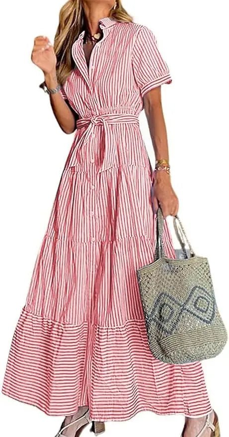 Women's red striped maxi dress with tiered hem and tie waist