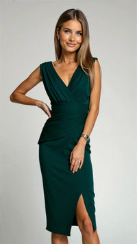 Women's Pleated Bodycon Midi Dress V-Neck Evening