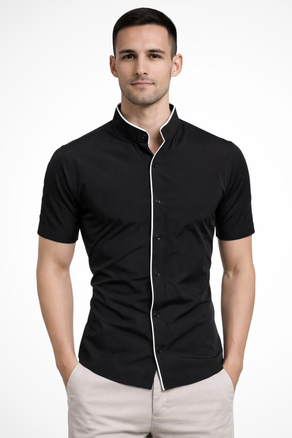 Men's slim fit short sleeve grandad collar shirt