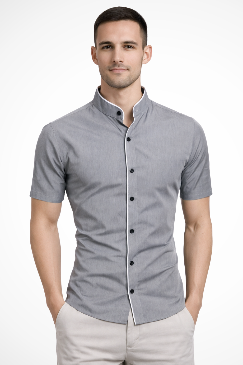 Men's slim fit short sleeve grandad collar shirt