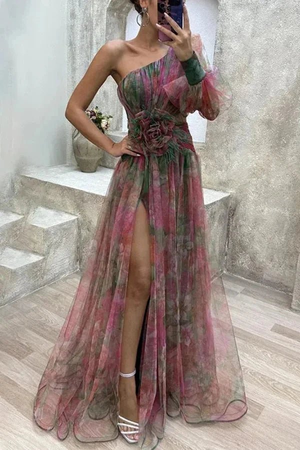 Women's purple floral one shoulder maxi dress with a side split