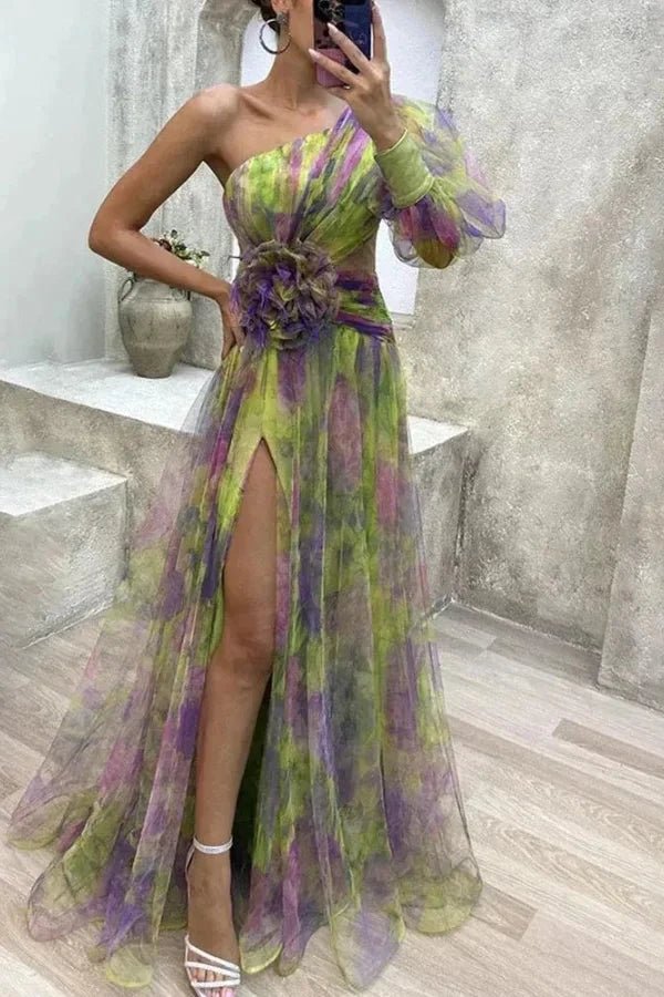 Women's purple floral one shoulder maxi dress with a side split