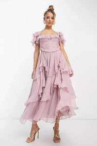 Women's Off Shoulder Midi Dress Tiered Ruffle