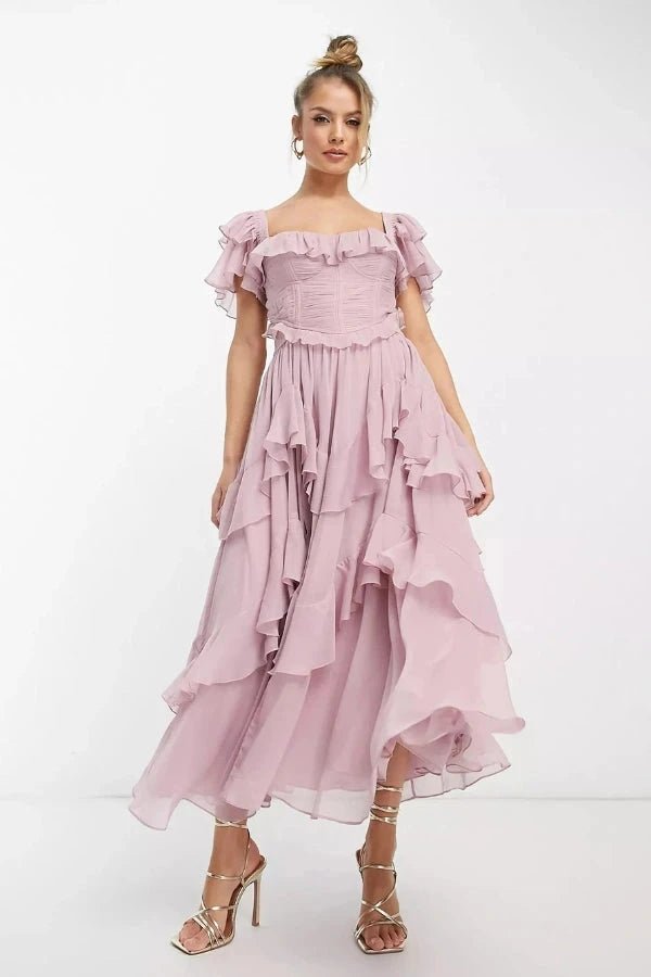 women's off shoulder midi dress with tiered ruffles