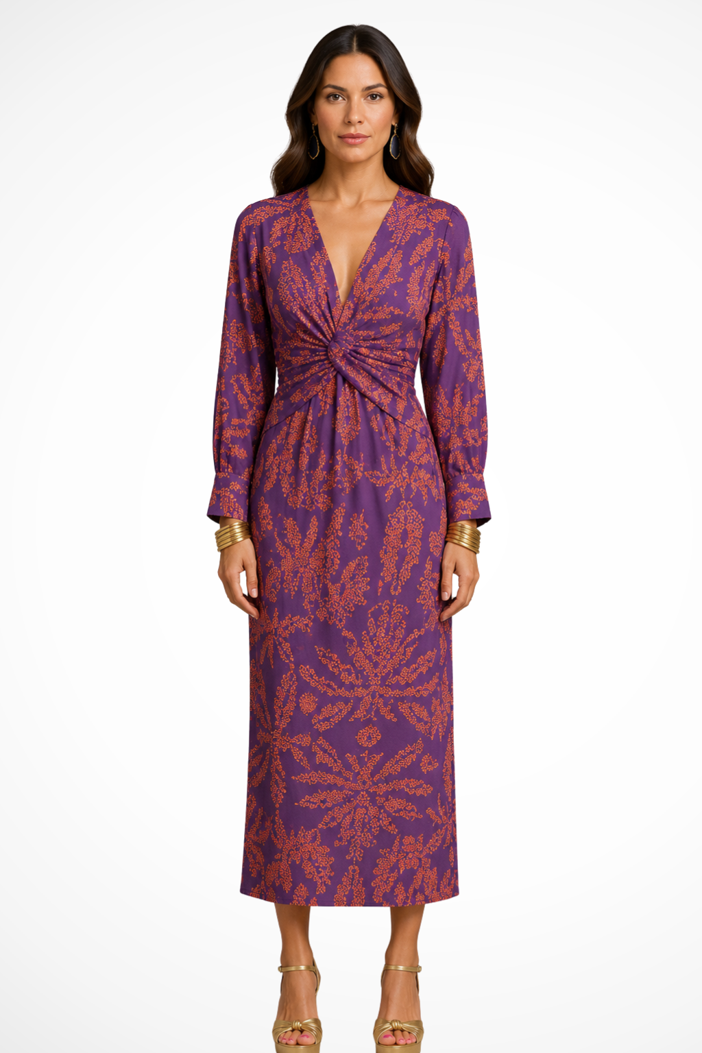 Women's purple printed twist front v-neck midi dress