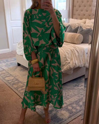 Women's Leaf Print Top and Midi Skirt Co-Ord Set with Lantern Sleeves