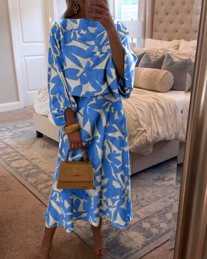 Women's green leaf print top and midi skirt co-ord set with lantern sleeves